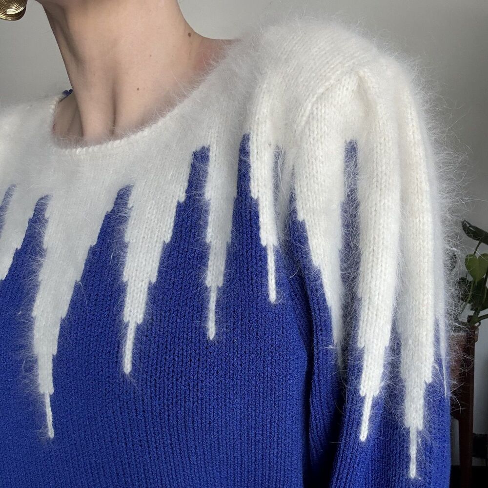 Vintage 80s Angora Blend Sweater | Blue White 90s Fuzzy Knit, Shoulder Pads
